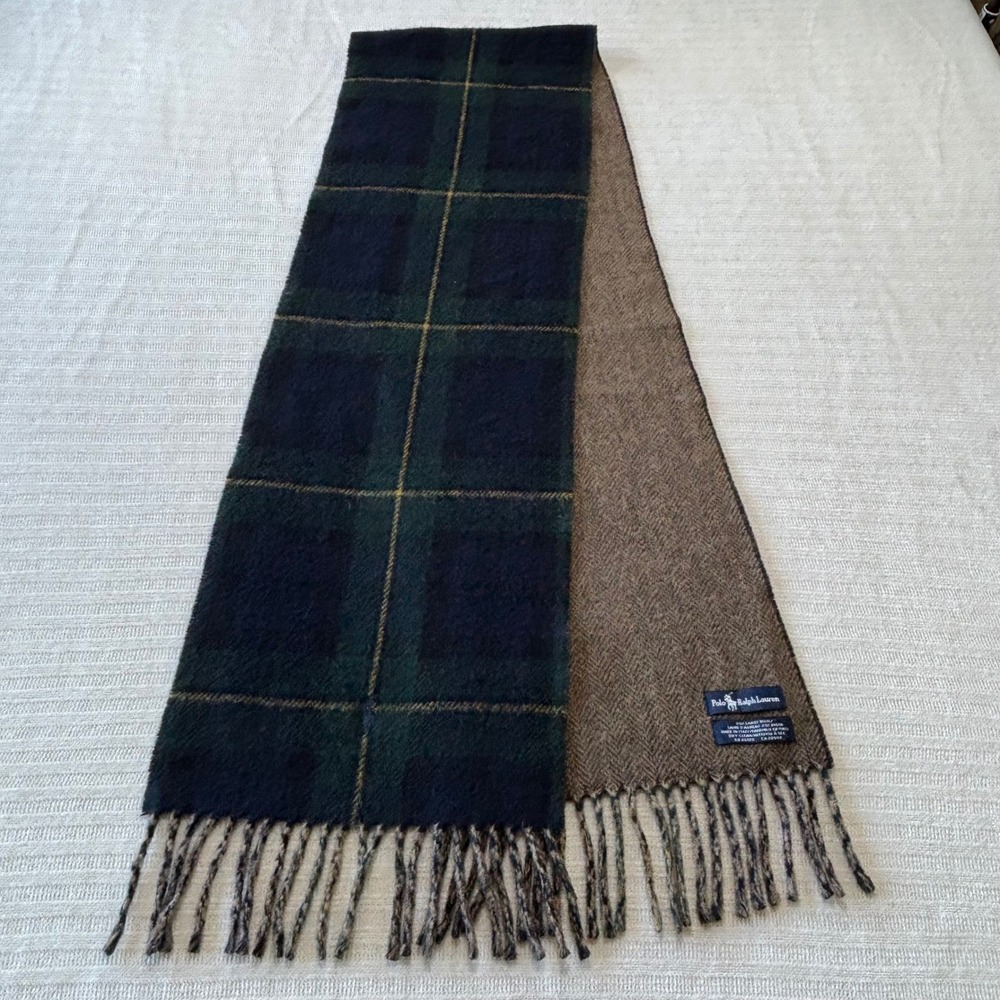 Polo Ralph Lauren Reversible Scarf Lambswool Plaid Herringbone Made in Italy
